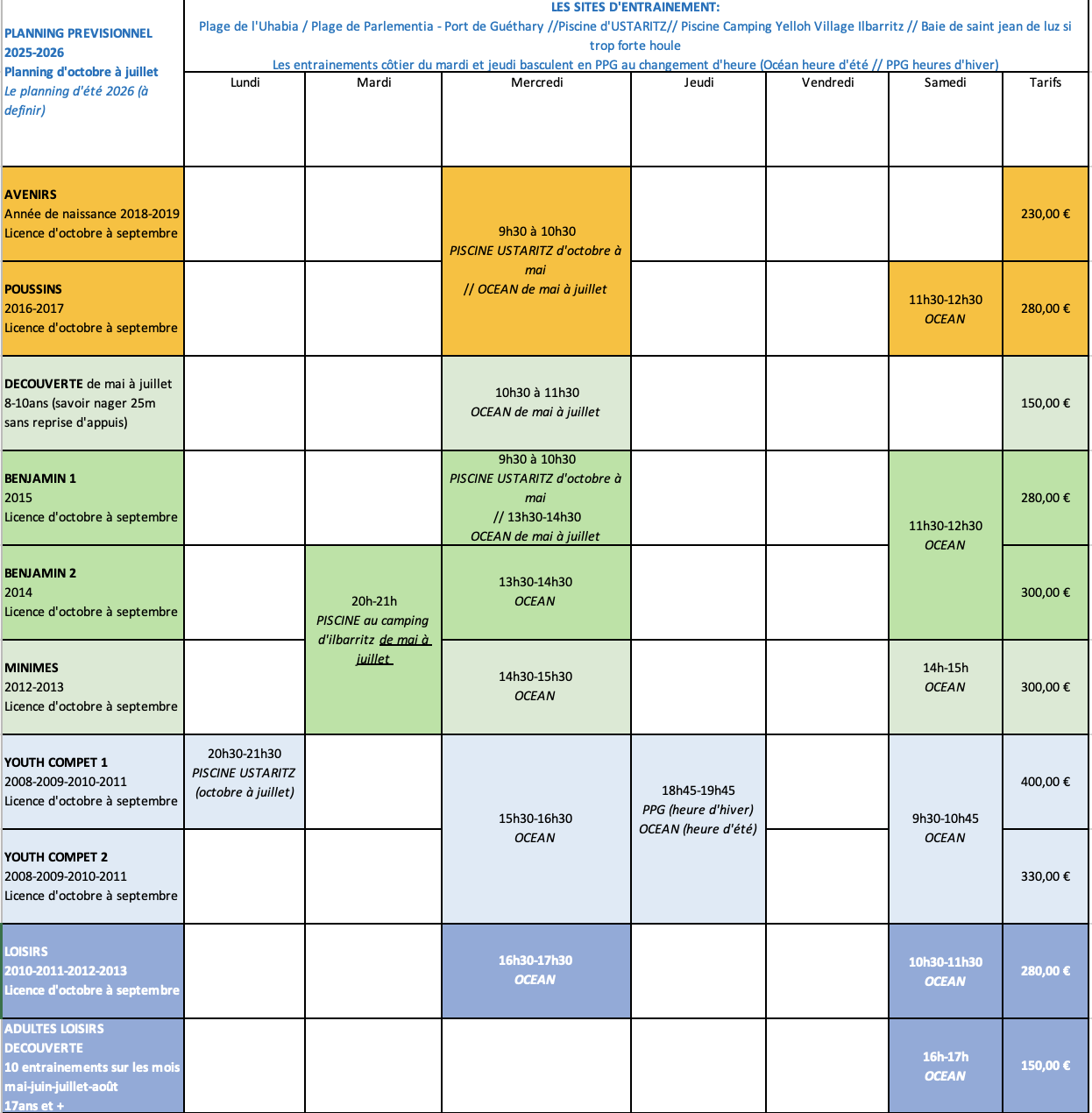 planning bidart ocean club sauvetage côtier 2025-2026