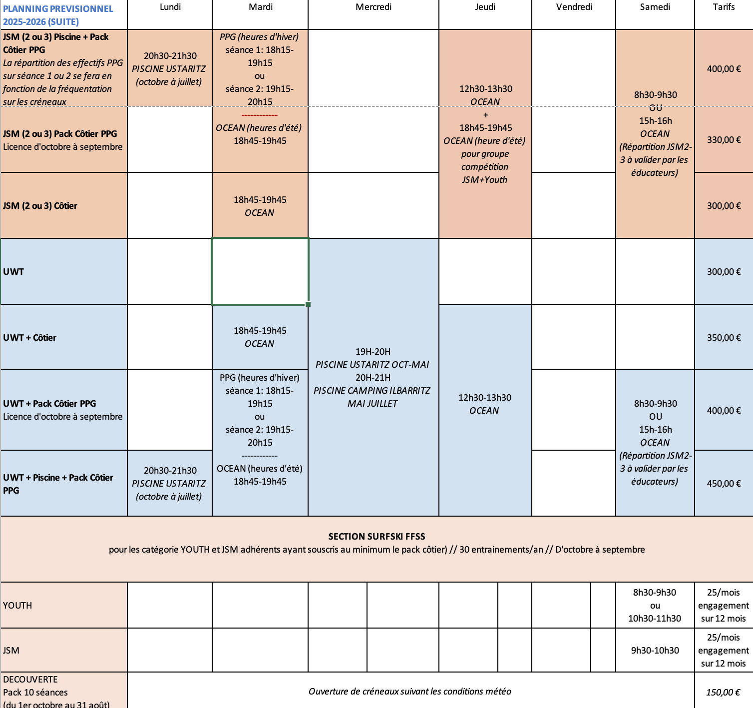planning Bidart ocean club sauvetage citer suite
