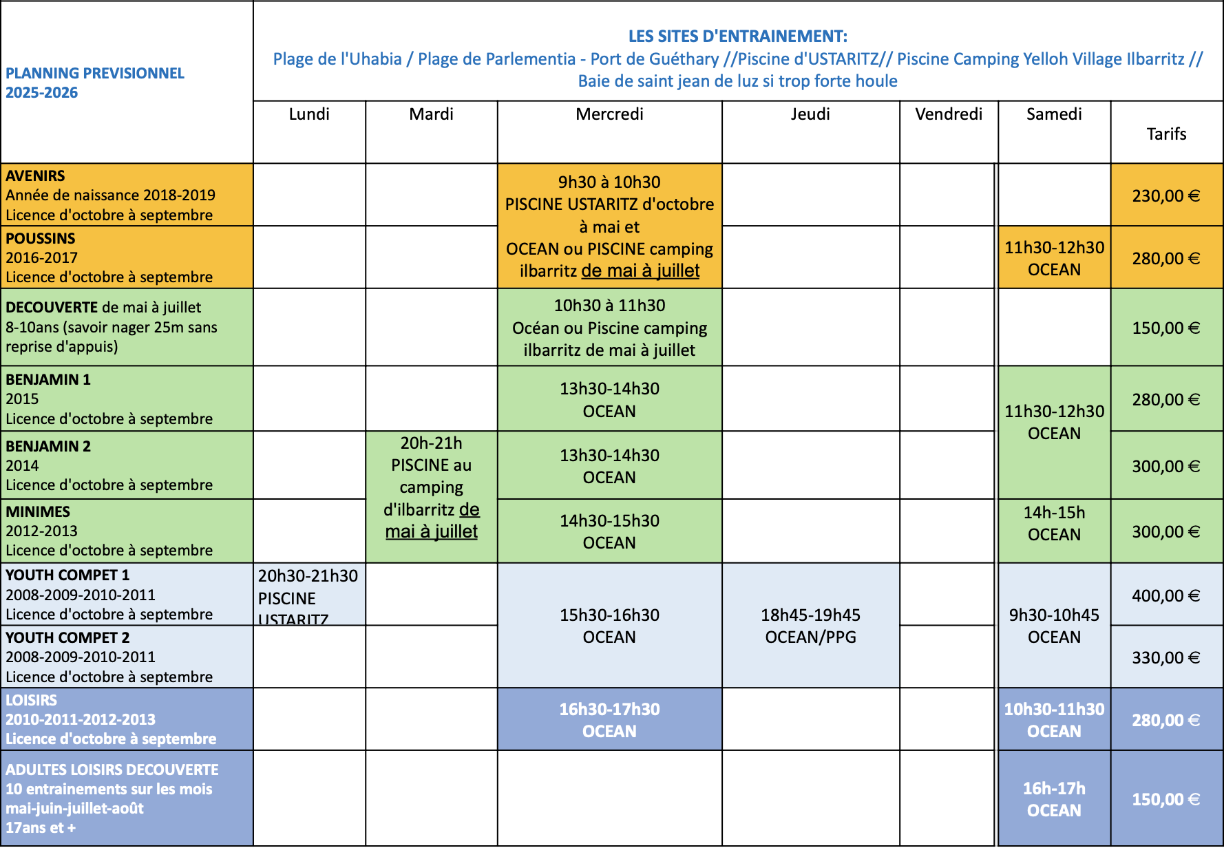 planning bidart ocean club sauvetage côtier 2025-2026
